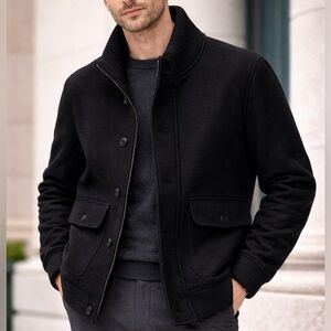 Black Wool Blend Bomber Jacket Mens Medium Rib Collar Winter Coat